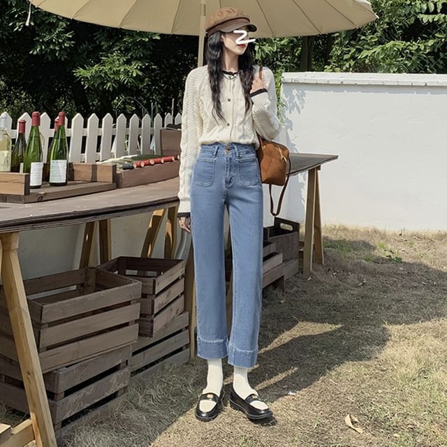 Denimot-Mid Rise Washed Straight Leg Jeans Various Designs