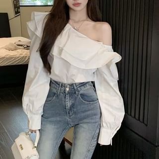 Happo-Long-Sleeve Off-Shoulder Plain Layered Ruffle Blouse