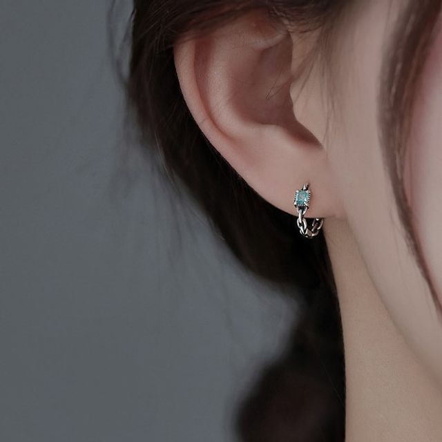 Halfla-Rectangle Rhinestone Sterling Silver Hoop Earring