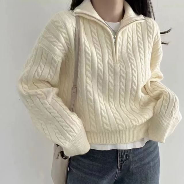 Half Zip White Cable Turtleneck Sweater Poppy Love Half-Zip Plain
