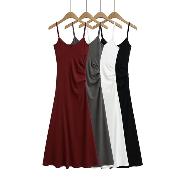 Ulark-Spaghetti Strap Plain Open Back Ruched Midi A-Line Dress
