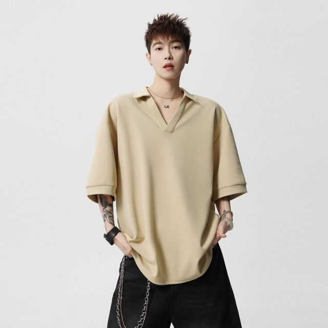Koiyua-34-Sleeve V-Neck Collared Plain T-Shirt