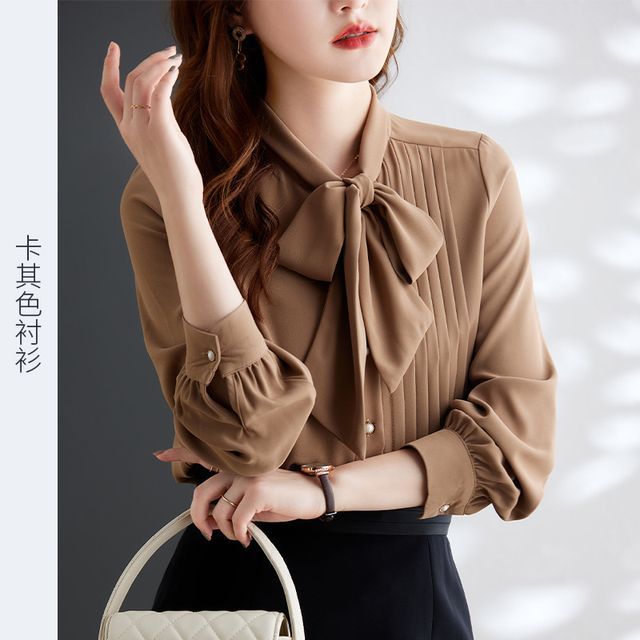 Lewwe - Long-Sleeve Bow Neck Plain Blouse | YesStyle