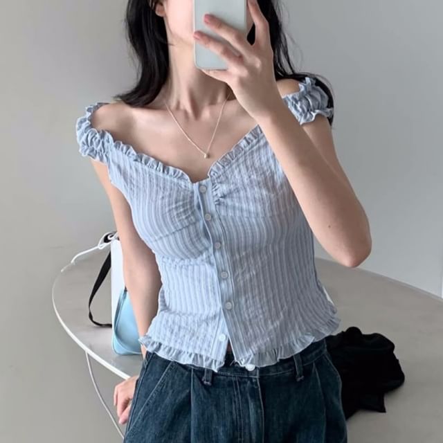 Janerium-Sleeveless V-Neck Striped Frill Button Top