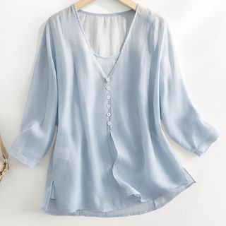 Lacyland 3 4 Sleeve V Neck Plain Blouse Sale