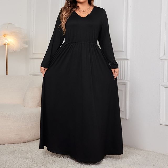PlusPretty-Long-Sleeve V-Neck Plain Open Back Maxi A-Line Dress