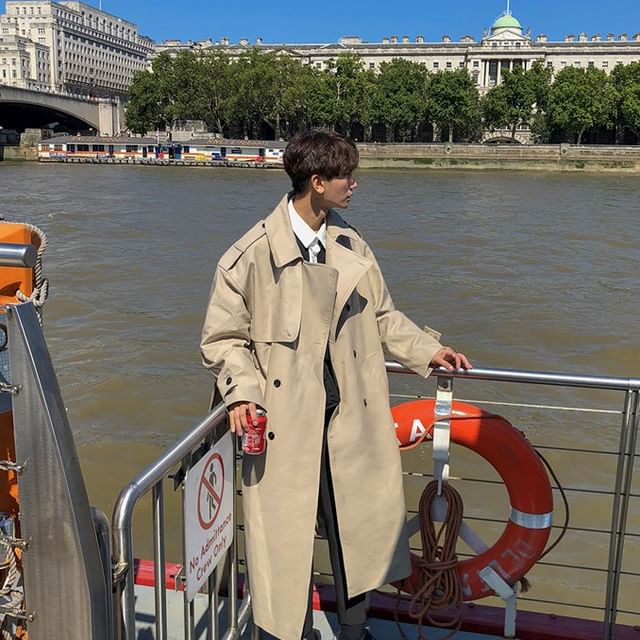 MRCYC-Lapel Collar Plain Long Trench Coat