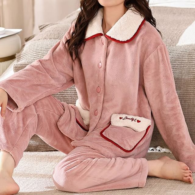 Dazzli-Pajama Set Collared Patterned Coral Fleece Button Jacket Straight Leg Pants