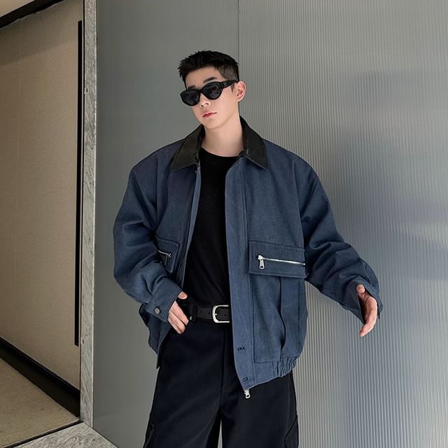 ravewider-Faux Leather Collar Panel Zip Cargo Jacket