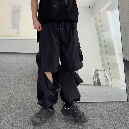 Real Boy Drawstring Waist Plain Wide Leg Cargo Pants Black XL
