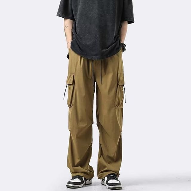 Wewewow-Drawstring Waist Multi-Pocket Straight Leg Pants