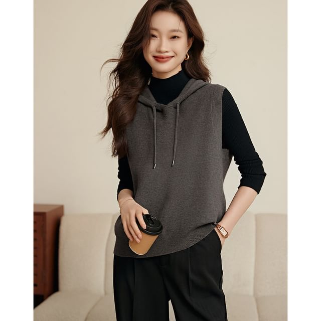 Jeonseon-Melange Drawstring Hooded Sweater Vest