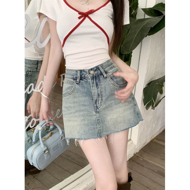 Beem-High Waist Frayed Washed Denim Skort