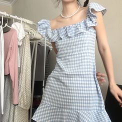 Momoko - Sleeveless Ruffle Plaid Mini A-Line Dress