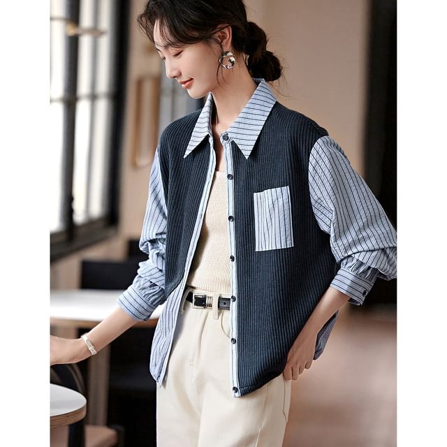 Jeonseon-Long-Sleeve Collared Striped Panel Shirt