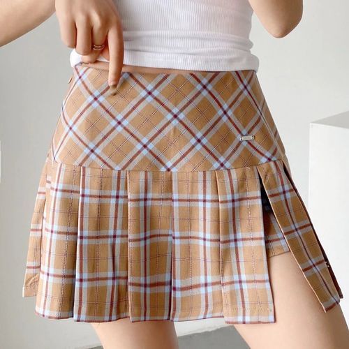 High waisted check pleated sale skirt