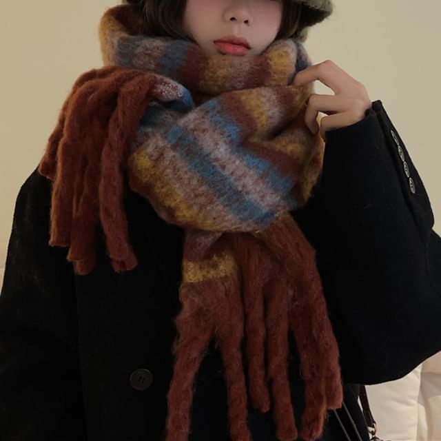 Pompabee-Striped Fringed Scarf