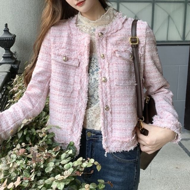 KONGER-Round Neck Single Breasted Fringed Tweed Blazer