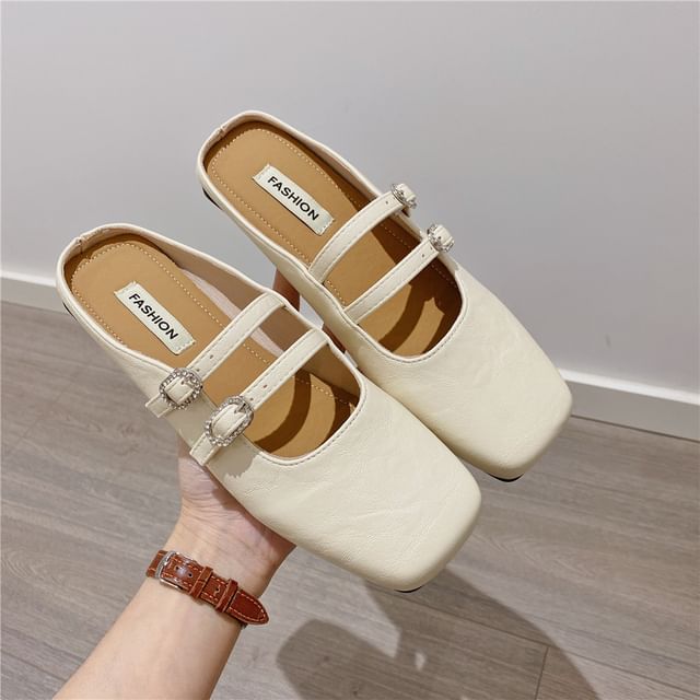 Anran-Square Toe Double Strap Rhinestone Buckled Faux Leather Mary Jane Mules