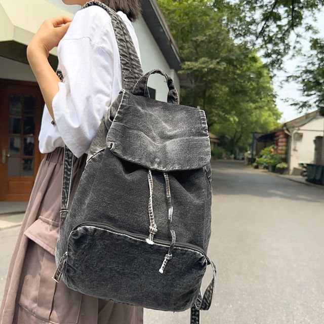 Hikuozy-Denim Multi-Pocket Backpack