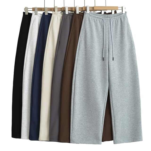 Ulark-Drawstring Waist Plain Wide Leg Sweatpants