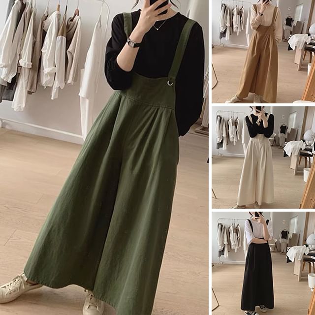 Supernova-High Rise Plain Wide Leg Suspender Pants