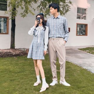 NoonSun Couple Matching Plaid Shirt Pants Long Sleeve A Line Dress Set