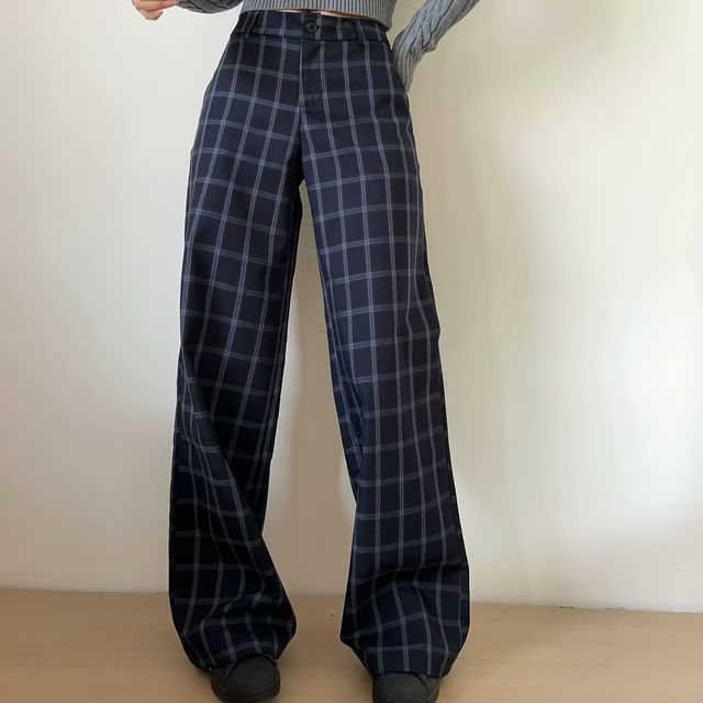 Ulark-Mid Rise Plaid Baggy Pants