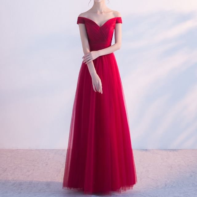 Fioridi-Off-Shoulder Plain Mesh Panel A-Line Evening Gown