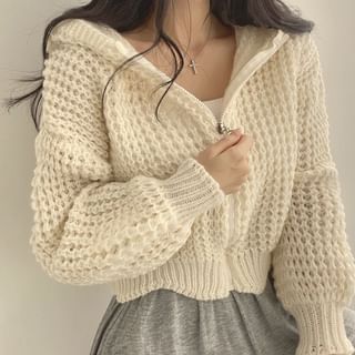 Rosesand Long Sleeve Plain Crochet Knit Hooded Zip Up Cardigan
