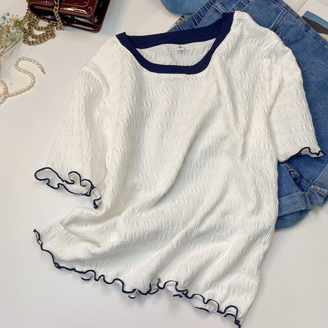 Yako-Round-Neck Contrast Trim Ruched Cropped Tee