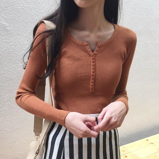 Yako-Long-Sleeve Half-Button Plain Knit Top