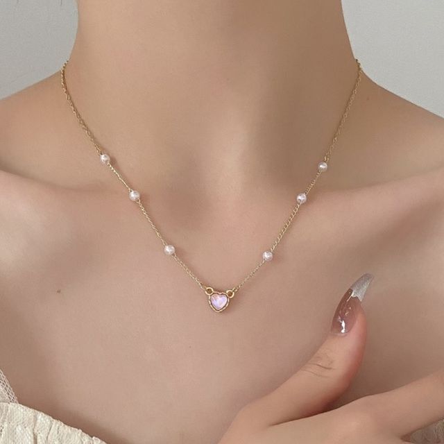 Bolgivy - Heart Faux Cat Eye Stone Pendant Faux Pearl Alloy Necklace ...