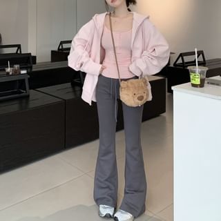Closette-Plain Zip Oversized Hoodie High Waist Flared Pants Henley Camisole Top