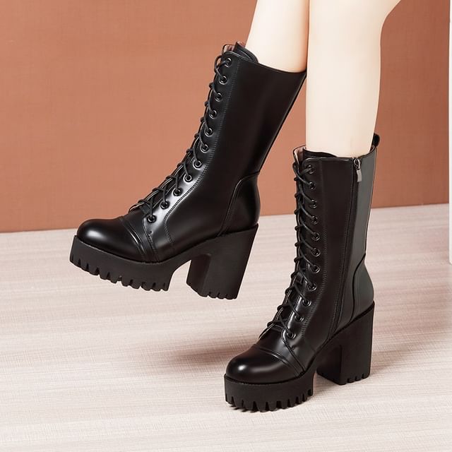 Freesia-Platform Lace Up Block Heel Mid Calf Boots