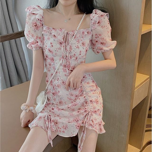 Ringo Red - Short-Sleeve Ruched Front Floral Chiffon Mini Sheath Dress |  YesStyle