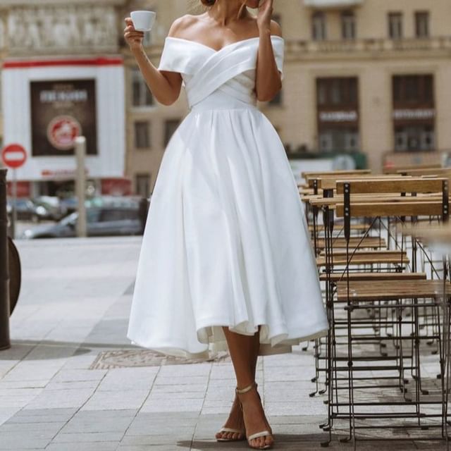 DreesHouse-Off Shoulder Plain Midi A-Line Wedding Dress