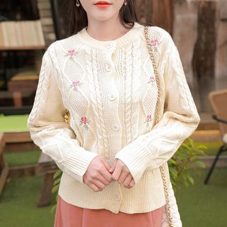 Myfiona Flower Embroidered Cable Knit Cardigan Yesstyle