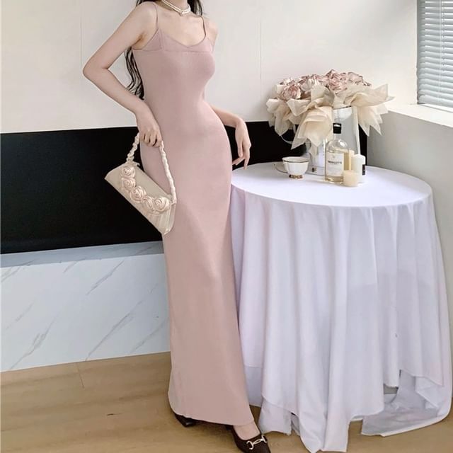 chinese dress ladies Two Tone Knit Slit Maxi Dress Tea / Small