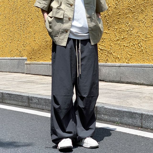 Giuliana-Drawstring Waist Plain Wide Leg Pants
