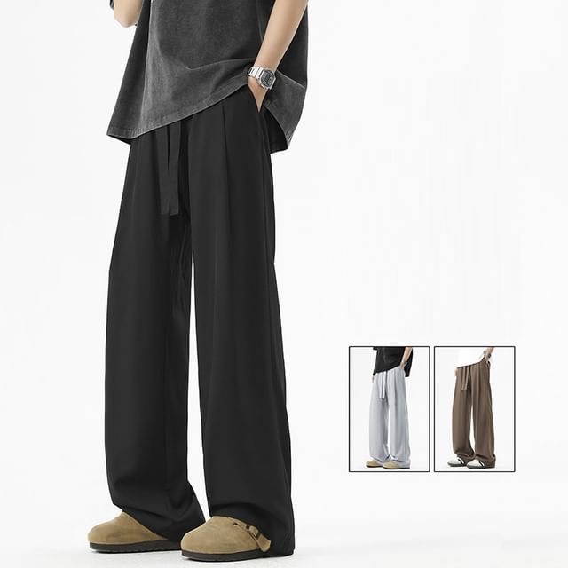 Soulcity-Drawstring Waist Plain Wide Leg Pants