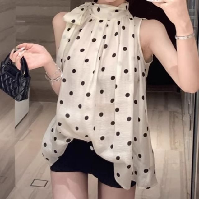 Isaaca-Sleeveless Stand Collar Dotted Tie-Up Blouse