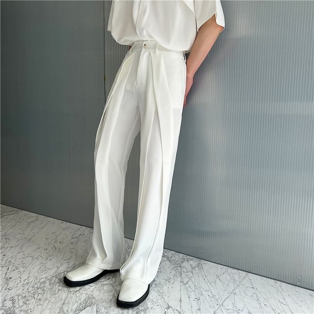 Patow-High Waist Plain Pleated Straight Leg Pants