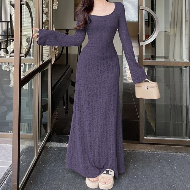 fitted lace wedding dress Berylove Women Purple A Line Maxi Dress V Neck Long Sleeve Pleated Floral Wedding Guest Dress, Purple / XL