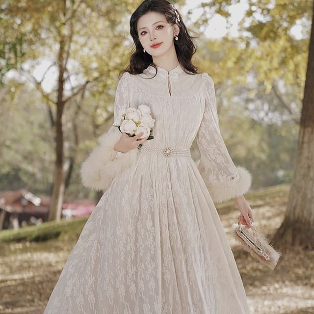 Short Vintage White Outfit Vintage Faux Fur Lace Dress With Pearl Belt  Royalcore Aesthetic Dress