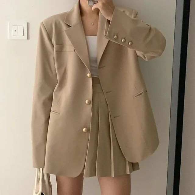 Yilda-Set Notch Lapel Plain Single-Breasted Blazer High Waist Pleated Mini A-Line Skirt
