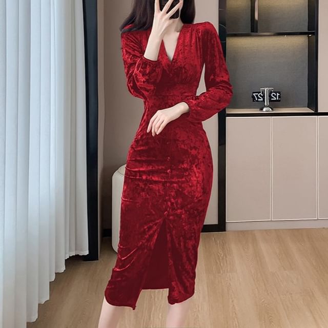 Dark Red Velvet Corset Long Sleeve Bodycon Dress