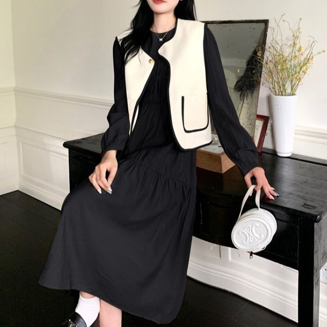 Tesirelle - Long-Sleeve Crew Neck Plain Midi A-Line Dress / Contrast Trim  One-Button Vest / Set | YesStyle