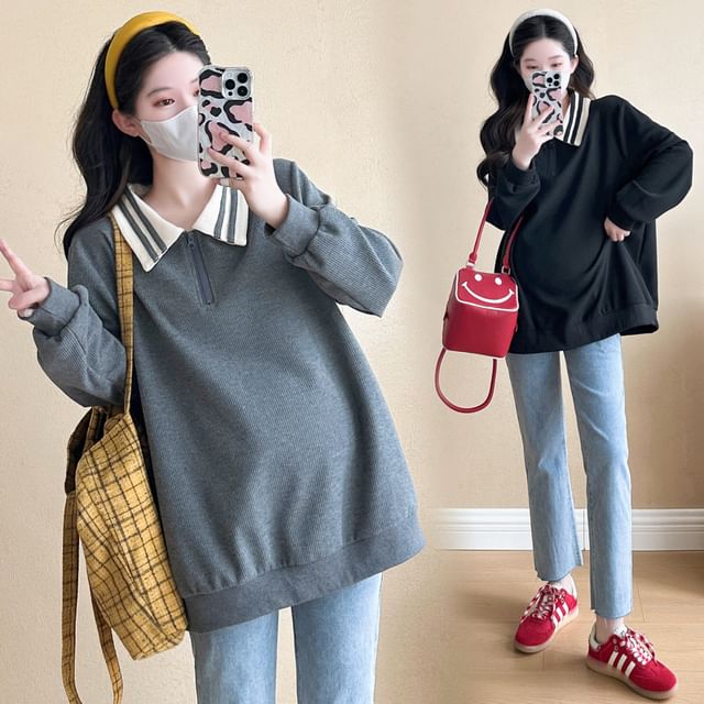 NEUF-Maternity Collar Striped Oversized Pullover
