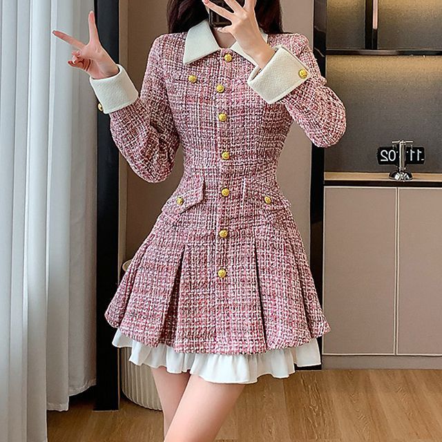 chinese dress ladies Sleeveless Square Neck Line Tweed Midi Dress Navy Multi H / Small / SP0883 main image 0